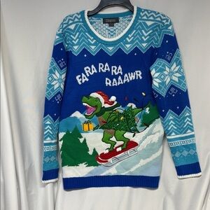 33 Degrees Blue santa Dinosaur embroidered Christmas knit Sweater XL (18/20)